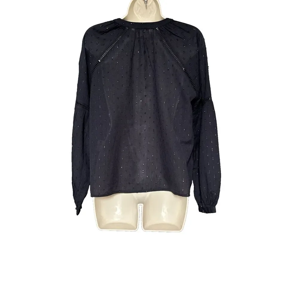Sezane Black Blouse 34 US 2 Gold Metallic Accents Button Front Long Sleeve Chic
